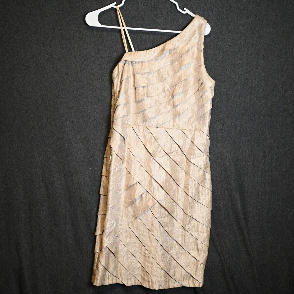 Adrianna Papell Occasions Women's 4 Champagne Gold One Shoulder Tiered Dress
